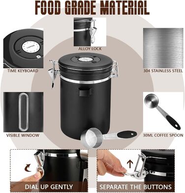 Контейнер для кави Royouzi, 1.8л, нержавіюча сталь, з ложкою, вакуумний, чорний