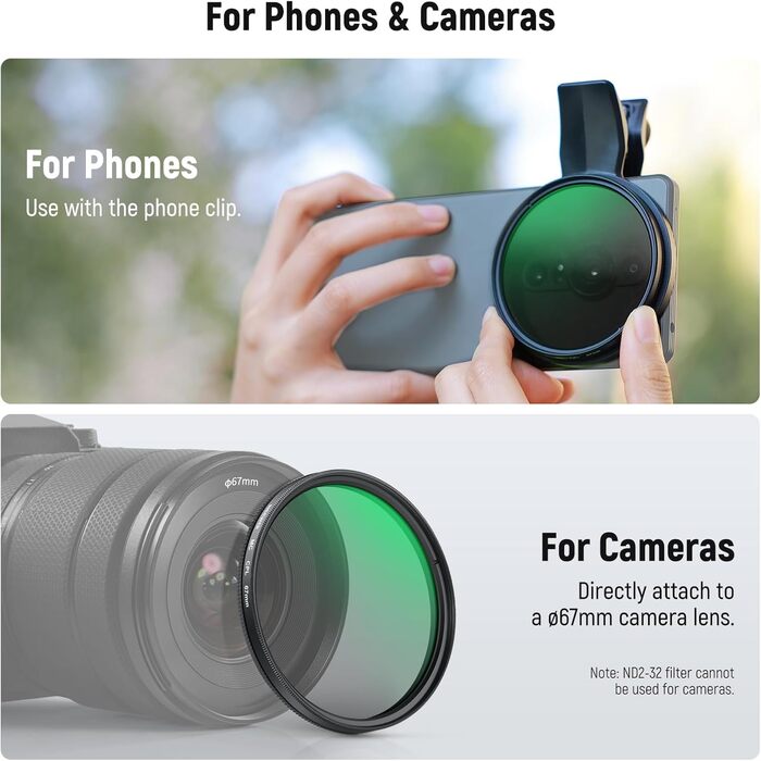 NEEWER Фільтр CPL 67mm для смартфонів та об'єктивів, циркулярний поляризаційний фільтр, сумісний з Android