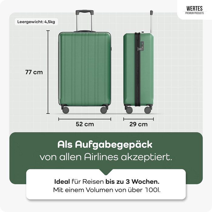 Чемодан великий 100L з TSA замком, жорсткий корпус, подвійні колеса, валіза на колесах (77см, лісовий зелений)