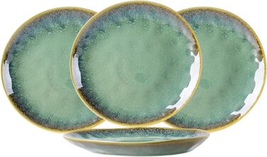 Henten Home 4-Piece Stoneware Plate Set, Green Dessert Plates, Breakfast Plates, Flat Cake Plates, Salad Plates Set for 4 People, Dinner Plate Set