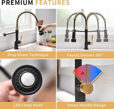 Кухонний змішувач AIMADI висувний, високого тиску, з 2 режимами (струмінь та розпилення), поворотний на 360°, однорегуляторний для кухонної мийки (з LED-підсвіткою, золотий)