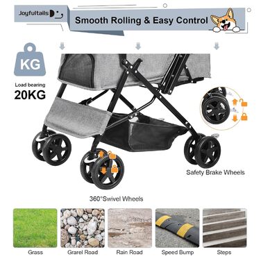 Складаний візок для собак, переноска для тварин до 20 кг, сірий. Підходить для собак та котів