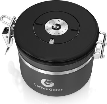 Контейнер для кави Coffee Gator з нержавіючої сталі - зберігає каву свіжою довше. З датою розкриття, CO2-вентилем та мірною ложкою. Маленький, сірий.