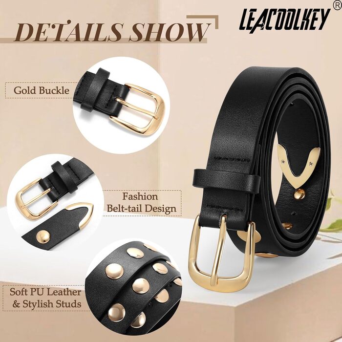 Жіночий шкіряний ремінь LeaCoolKey з пряжкою, з шипами, для джинсів та штанів, чорний, розмір M (82-91 см)