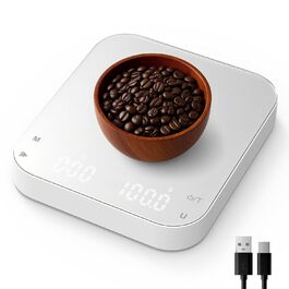 Ваги для кави Diyife з таймером, 3кг/0,1г. Електричні ваги для еспресо з HD LCD дисплеєм, функцією тарування, портативні, високоточні для еспресо та френч-пресу (M-White)