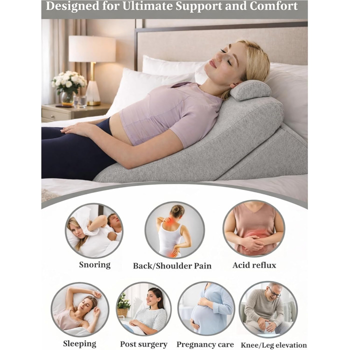 Подушка для спини Lesekissen з регульованою підголовником, з піною з пам'яті, знімний чохол, дихаюча та неслизька, з ручкою - трикутна для спини, шиї та ніг - 60 x 50 x 30 см