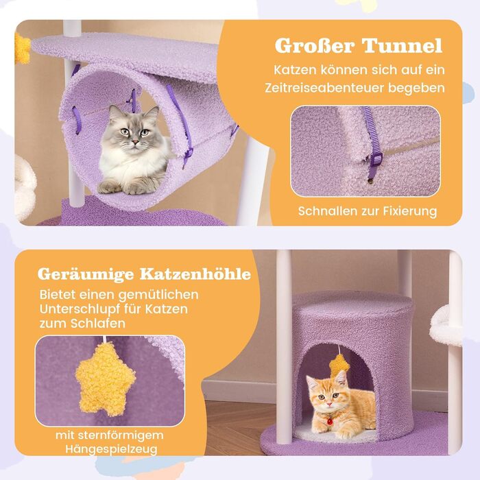 Котячий будиночок COSTWAY з когтеточкою, гамаком та іграшками, фіолетово-рожевий (60x60x158 см)