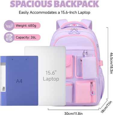 Шкільний рюкзак Tanou для дівчаток: великий, з тканини Oxford, з багатьма відділеннями (фіолетово-рожевий)