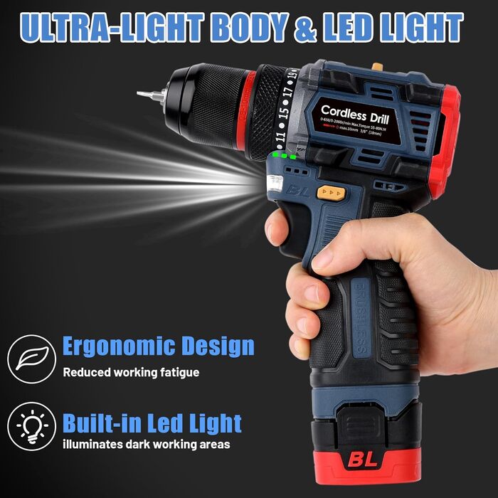 Акумуляторний дриль-шуруповерт з безщітковим двигуном 16.8V - 2000mAh, 60 Нм, 23+1 ступінь, LED світло