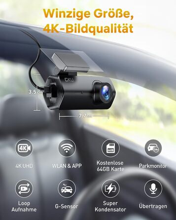 Відеореєстратор GKU 4K Auto з Wi-Fi, 170° кут огляду, Нічне бачення, WDR, 24H паркування, G-сенсор, в комплекті SD-карта 64GB, Чорний