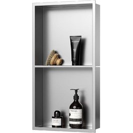 KINKIBOS Recessed Shower Niche, Stainless Steel, No Tiles Required, Built-in Shower Niche 60 x 30 x 10 cm, Shower Niche with Double Shelf Storage