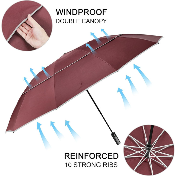 G4Free Парасолька велика, туристична, для гольфу, 10 ребер, автоматична, стійка до вітру, компактна, червона (54 дюйми)