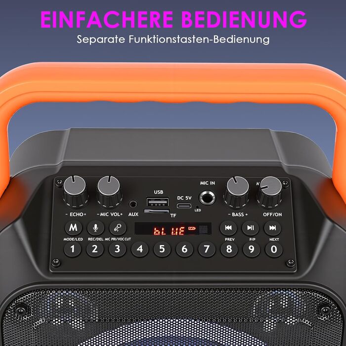 Портативна караоке-машина з 2 мікрофонами, Bluetooth, RGB-підсвічування, TF/USB/FM/AUX, TWS для дорослих та дітей