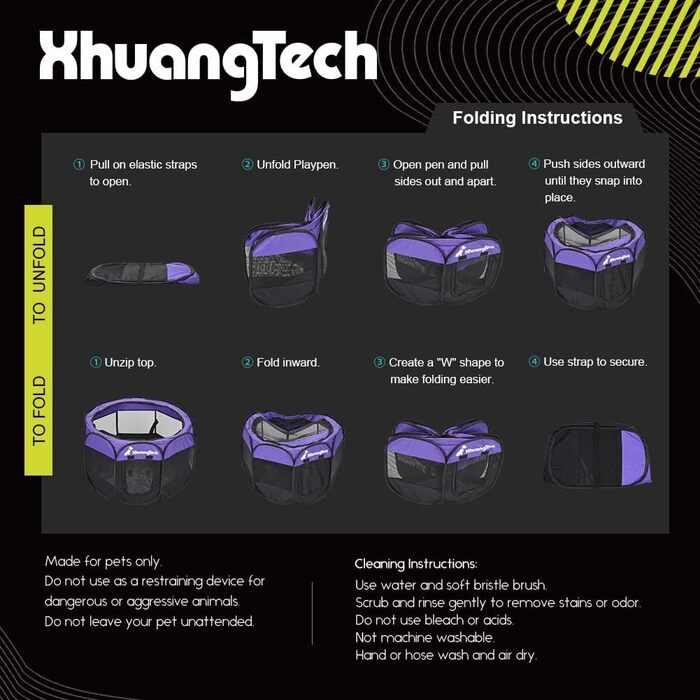 Клітка-манеж для тварин XhuangTech: собаки, коти, цуценята, 80x80x58,4 см, м'яка тканина, портативна, складна, для дому та вулиці, фіолетовий/чорний