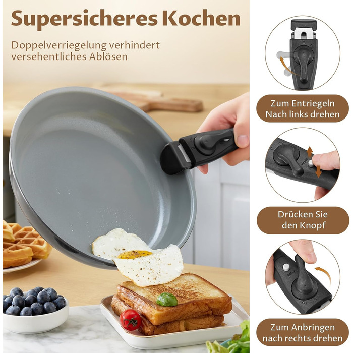 Набір каструль BEZIA 17 предметів з знімним ручкою, антипригарне покриття з кераміки, набір каструль для індукційних плит, підходить для всіх типів плит, стійкий до нагріву, посуд для кемпінгу, посуд для духовки (темно-сірий)