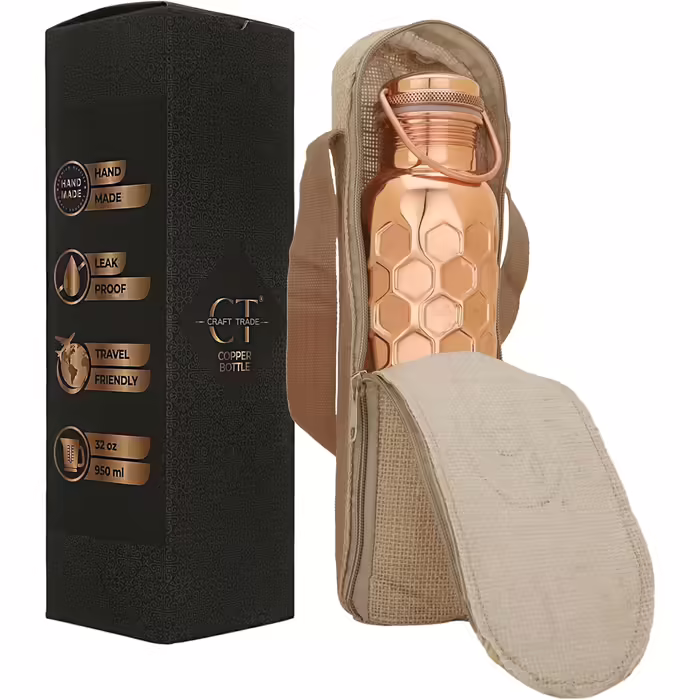 Craft Trade Water Bottle Copper Water Bottle Pure Natural Bottle Water Bottle with Lid and Carrying Bag 34oz/1000 ml Leak-Proof Ayurveda Copper Bottle for Office and Yoga - 2