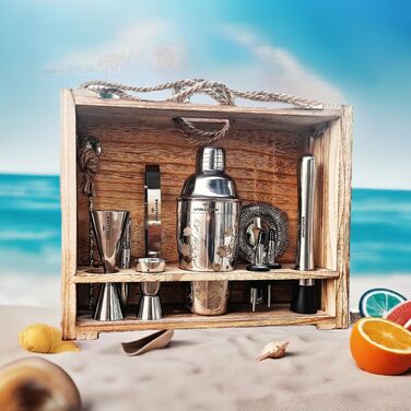 Cocktail Shaker, Professional Cocktail Shaker Set, Stainless Steel, 16 Pieces, Wooden Carrier, Easy to Carry, for Storing Aperitifs, Cocktail Set (16)