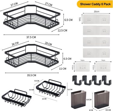 Набір полиць для душу без свердління, 5 шт. Органайзер для ванної кімнати, полиці для душу з нержавіючої сталі, велика місткість, корзинка для душу, тримач для шампуню та гелю для душу для ванної кімнати та кухні (2 прямокутні + 2 контейнери + 1 для зубни