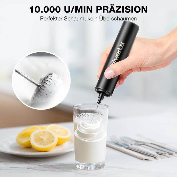 Електричний спінювач молока POWERLIX Pro 3-в-1: ручний, USB-C, 10 000 об/хв, для капучино, лате макіато, знімна насадка, чорний