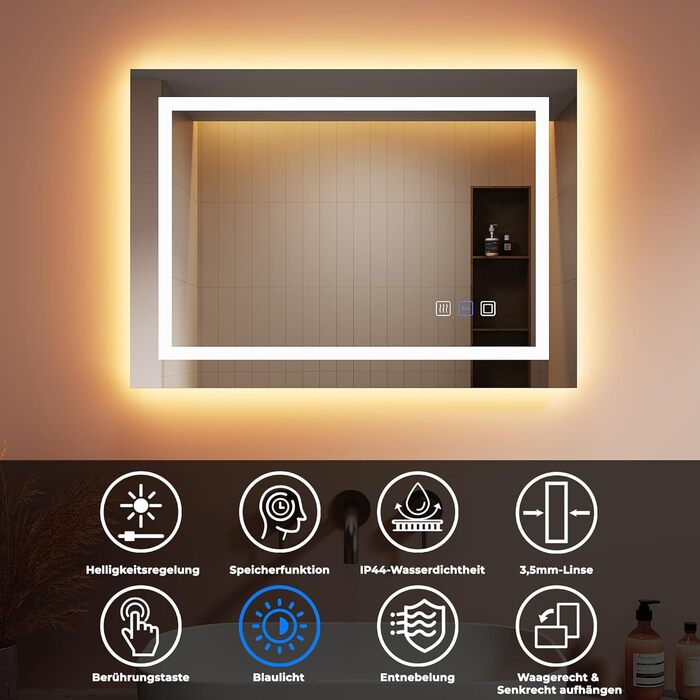 Дзеркало для ванної кімнати з підсвічуванням 60x50x3,5 см, LED, 6400K, біле світло, економія енергії, вертикальне/горизонтальне кріплення, антизапар, 3 колірні температури