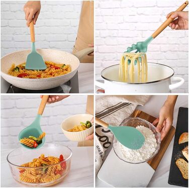 Набір кухонних аксесуарів Kochbesteck: 14 предметів з силікону з дерев'яними ручками, включаючи S-гачки, ложки та мірні ложки
