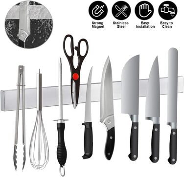 Ninonly Magnetic Knife Strip Magnetic Knife Holder Self-Adhesive 50cm (20inch) Stainless Steel Knife Rail Magnet Without Drilling Magnetic Knife Rail Wall Mount for Kitchen, Office, Workshop