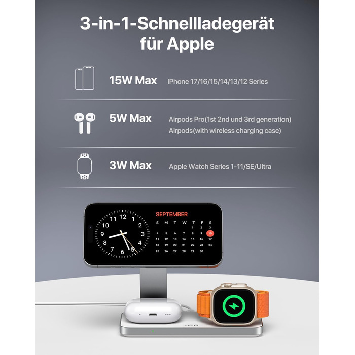 Бездротова зарядна станція 3-в-1 з Qi2.2 25W для Apple Watch та iPhone (Magsafe) + адаптер 35W (Біла)