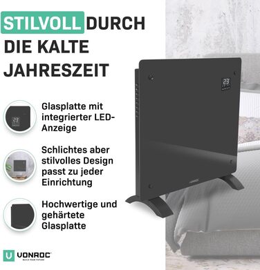 Електричний конвекторний обігрівач VONROC - 1000W, сірий, для кімнат до 12м²
