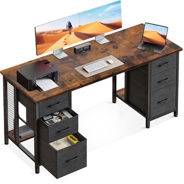 Колесхоум Стол письмовий з 6 шухлядами 160x52 см, комп'ютерний стіл з полицями для дому та офісу (Колір: Коричневий, 160x52 см)