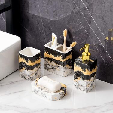 Набір аксесуарів для ванної кімнати (4 шт) – білий набір з дозатором для лосьйону, тримачем для зубних щіток, склянкою та мильницею – блискуча поверхня (мармур, білий) (чорний, білий)
