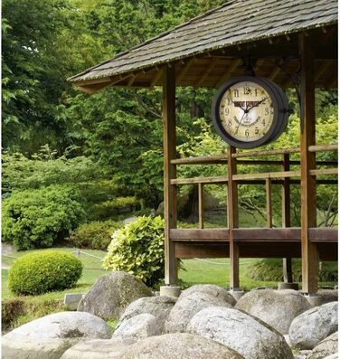 TFA Dostmann Nostalgia Wall Clock and Thermometer, Garden Clock, 60.3011, Outdoor Clock, Suitable for Outdoor Areas, Double-Sided, Antique Copper, L 270 x W 95 x H 295 mm