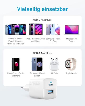 Зарядний пристрій Anker USB-C, 33W, 2 порти USB-C, для iPhone 17/Pro/Pro Max/iPhone Air/16/15, Pixel, Galaxy, iPad/iPad mini