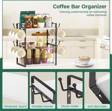 EsLuker.ly 2-Tier Mug Holder and Cup Stand, Mug Shelf for Coffee Cups, Coffee Organizer for Countertop, Coffee Station Organizer with Mug Holder, Vintage Brown-Black (14.4