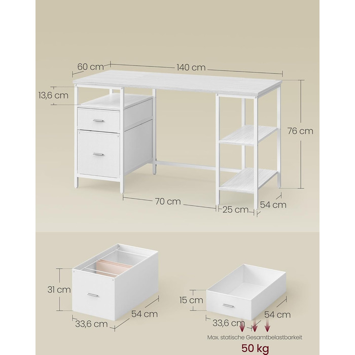 Комп'ютерний стіл VASAGLE з 3 полицями та 2 шухлядами, 160 x 60 x 76 см, колір: кленовий білий та хмарний білий