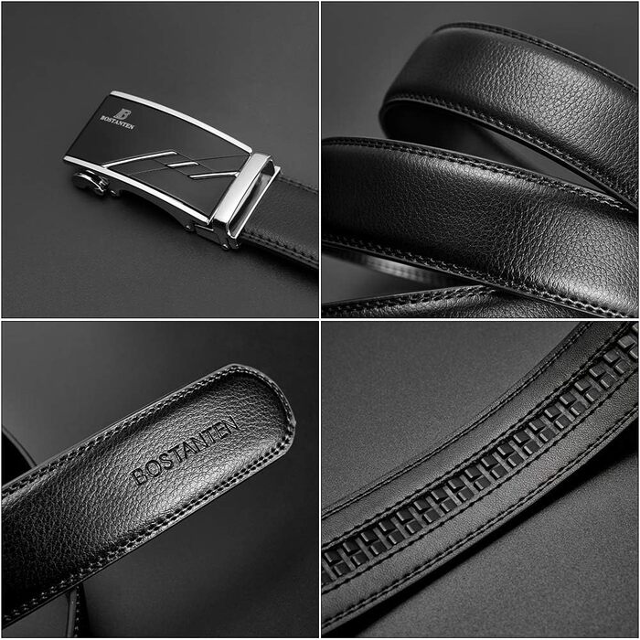 Шкіряний чоловічий ремінь BOSTANTEN з автоматичною пряжкою (рачет), 35 мм, чорний, довжина 115 см (на талію 32-38 дюймів), класичний бізнес-стиль