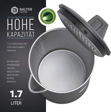 Balter Stainless Steel Kettle WK-4, 1.7 Liter, Electric Kettle, Double-Walled Design, BPA Free, LED, Compact Tea Kettle, Quiet (Black) (Gray)