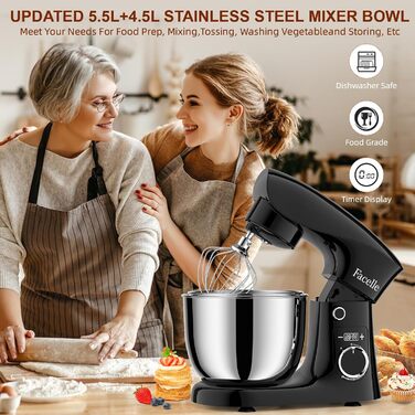 Кухонна машина-міксер Facelle 1500W з чашею 5.5л/4.5л, 10+ програм, чорний