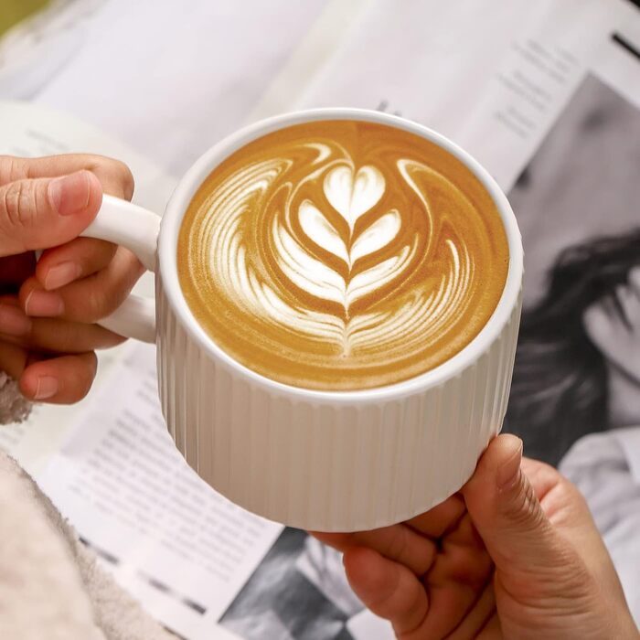 Набір кавових чашок Hasense Porcealin, 4 шт. з підставкою, 425 мл. Керамічні чашки для капучино, чаю, гарячого шоколаду, напоїв. Можна мити в посудомийній машині.