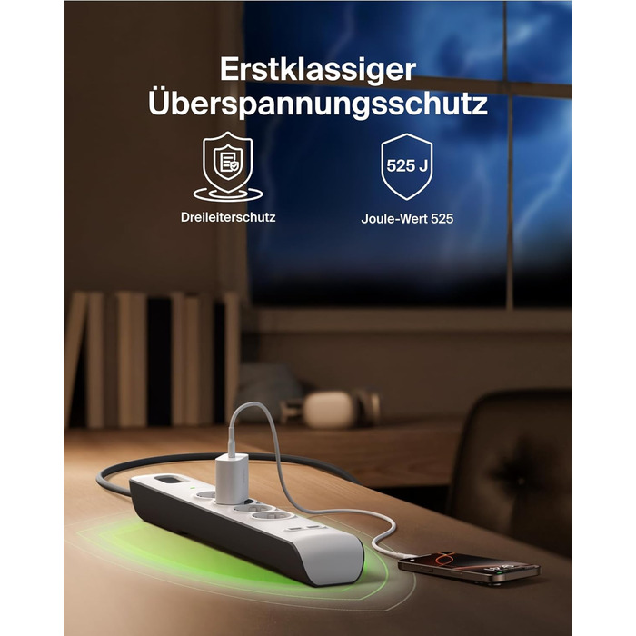 Мережевий фільтр Belkin з захистом від перенапруги та USB-портами, 8 розеток, 2 USB-A, 2.4A, кабель 2м, для дому та офісу