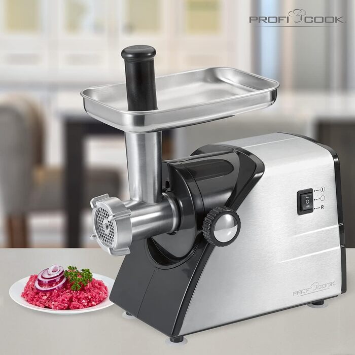 Електричний м'ясорубка ProfiCook PC-FW 1272 з насадкою для печива та вареників | 1200W, 3 металеві диски, функція наповнення ковбас, нержавіюча сталь