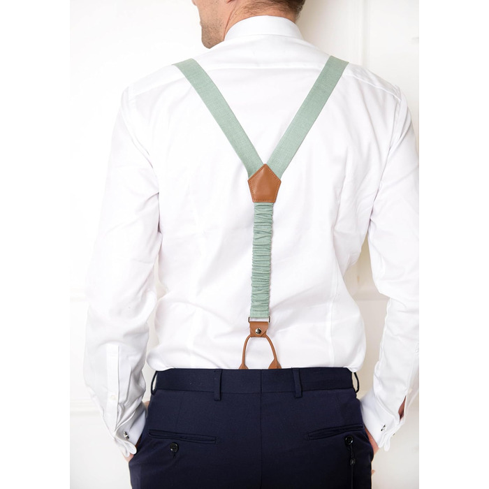 Набір чоловічих аксесуарів Leinen: краватка-метелик зі шкіри, підтяжки зі шкіри, нагрудна хустка, запонки - світло-зелений
