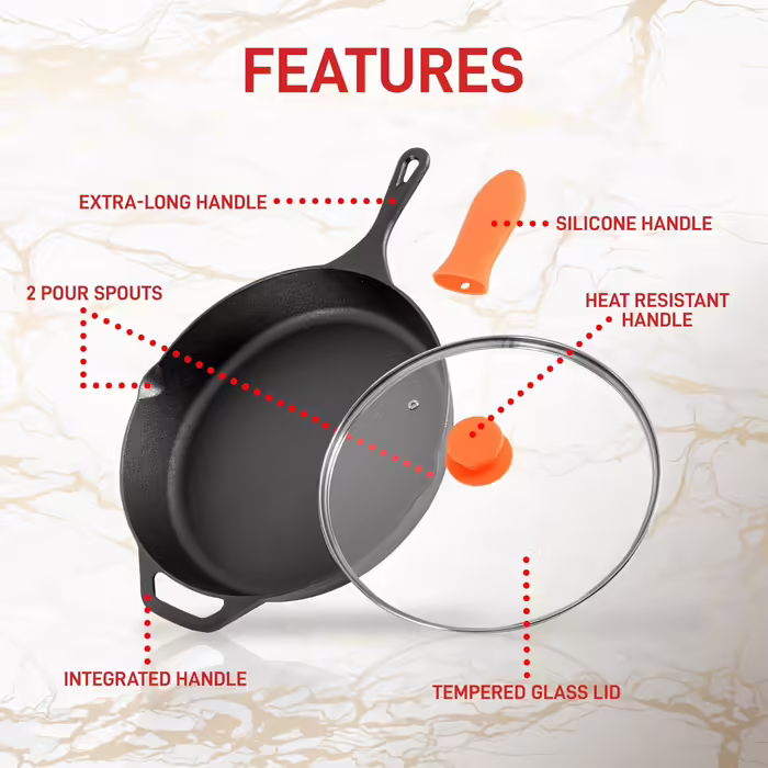 NutriChef Frying Pan with Lid, 30cm - Frying Pan - with Ergonomic Silicone Handle & High Rim, Pan made of Cast Iron, Non-Stick Coated, for Induction, Ceramic, Gas & Electric, PFOA & PFOS-Free 30cm Frying Pan