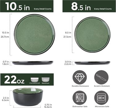 Набір керамічного посуду AmorArc (24 шт.) для 8 осіб: тарілки та миски, реактивна глазур, стійкий до сколів та тріщин, придатний для миття в посудомийній машині та використання в мікрохвильовій печі. Сервіз для 8 осіб (24-teilig), колір: матовий чорний не