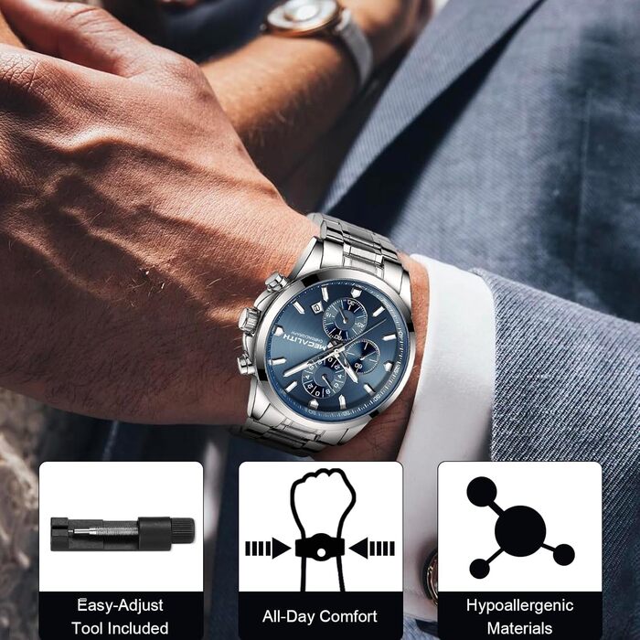 Чоловічий годинник MEGALITH з нержавіючої сталі, хронограф, водостійкий, аналоговий годинник для бізнесу, з календарем та підсвічуванням (B-silber-an)