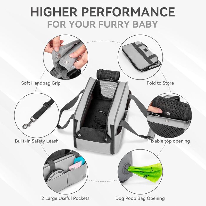 PETSFIT Автокрісло для собак та котів, середньорозмірне, сіре, до 4.5 кг, з безпечним ременем та кишенями