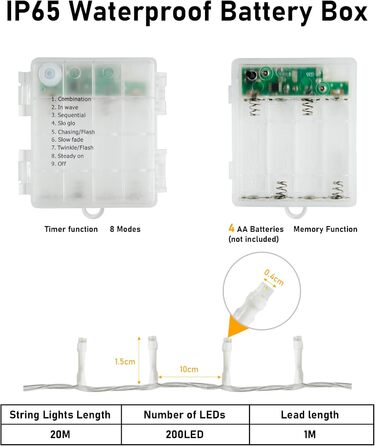 Ланцюжок прикрас для дому та саду, 30 метрів, 300 LED, тепле біле світло, з таймером, 8 режимів, вологостійкий, для декору кімнати, балкона, ялинки