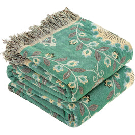 Двосторонній плед HOORDRY Boho з бахромою, 230x250 см, 100% бавовна, зелено-бежевий, з малюнком соняшників для дивана, ліжка, крісла