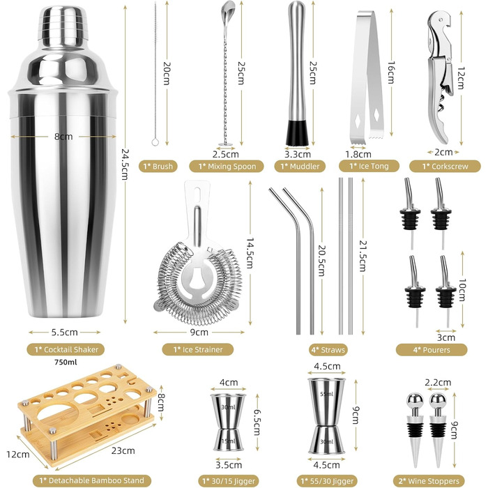 Набір шейкер для коктейлів зі стійкою, 750 мл, 20 предметів, нержавіюча сталь, професійний барменський набір, 4 силіконових підкладки, подарунок для чоловіків, жінок, друзів
