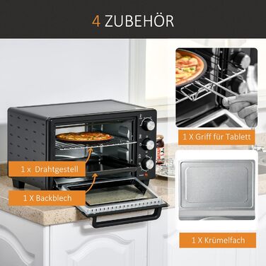 Міні-піч HOMCOM 21 л, 1400 Вт, 100-230°C, таймер, противень, решітка-гриль, вікно, піч для піци, кремово-білий (чорний)