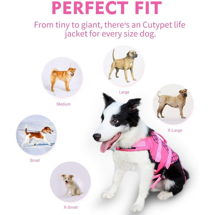 Dog life jacket, pet dog swimming flotation vest, adjustable sizes with strong buoyancy and rescue handle for swimming for small/medium/large puppies, (mermaid, size XS)